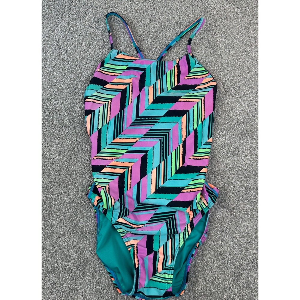 Speedo Powerflex Eco One Piece Swimsuit Multicolor Geometric Chevron Size 8/34